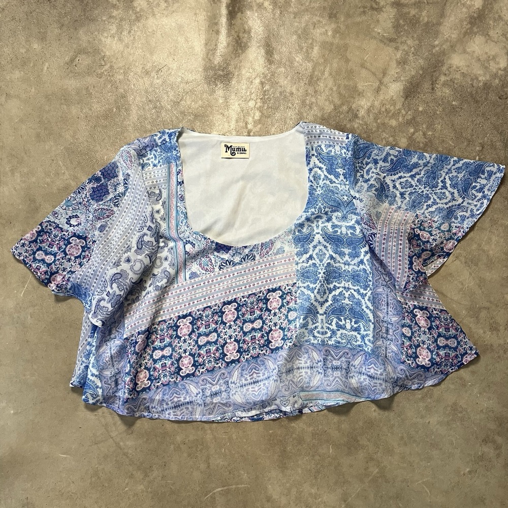 Show me your Mumu Shirt Womens Size XS Blue Multi Kourtney Paisley Crop‎ Top